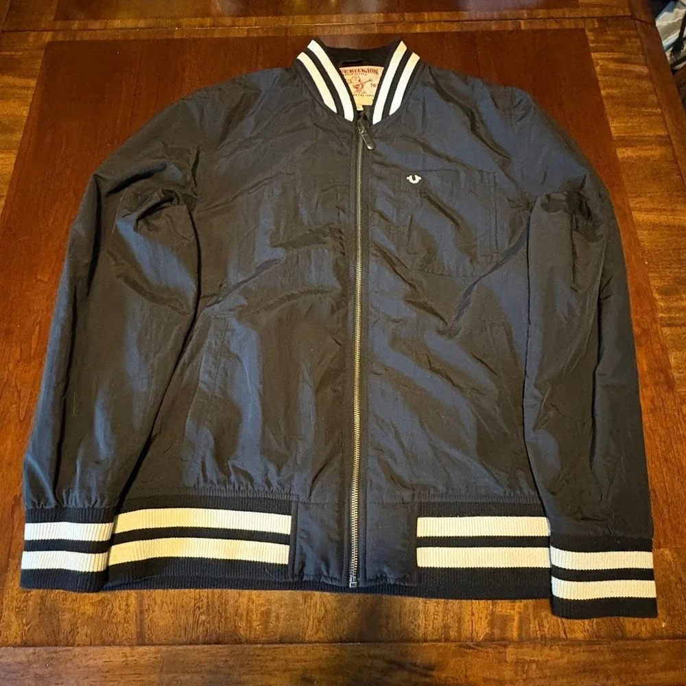 True Religion World Tour Varsity‎ Bomber Jacket Black Full Zip XL